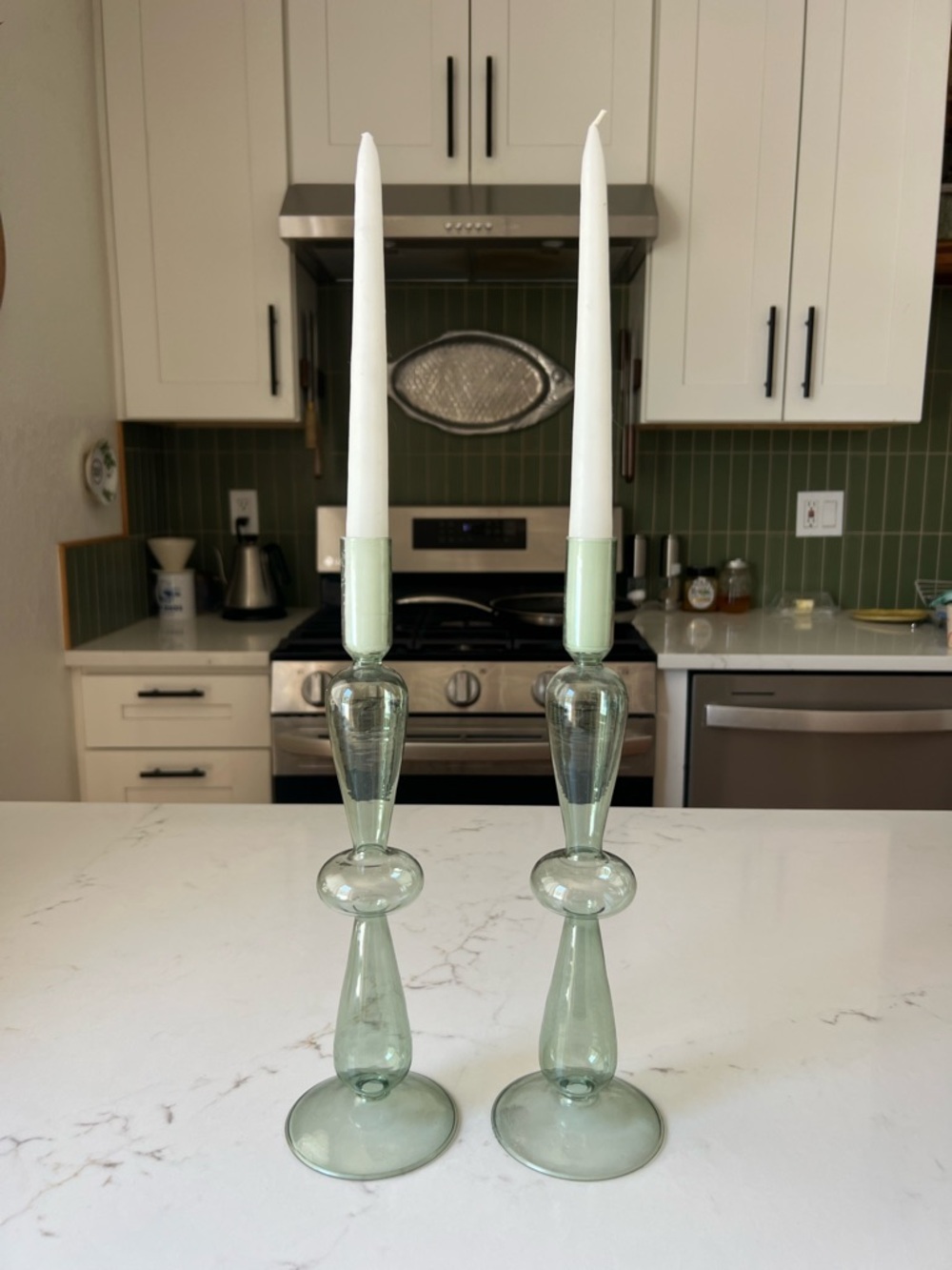Clear Green Glass Taper Candle Holders - Pair